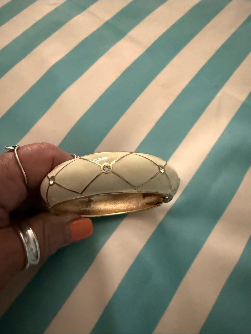 Vintage Cream Enamel Bangle Bracelet with Crystal Accents